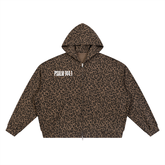 WOW LEOPARD WAFFLE KNIT ZIP HOODIE