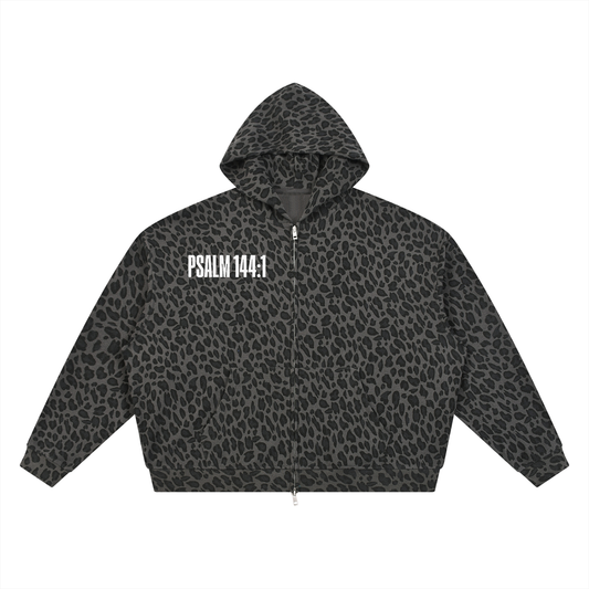 WOW LEOPARD WAFFLE KNIT ZIP HOODIE